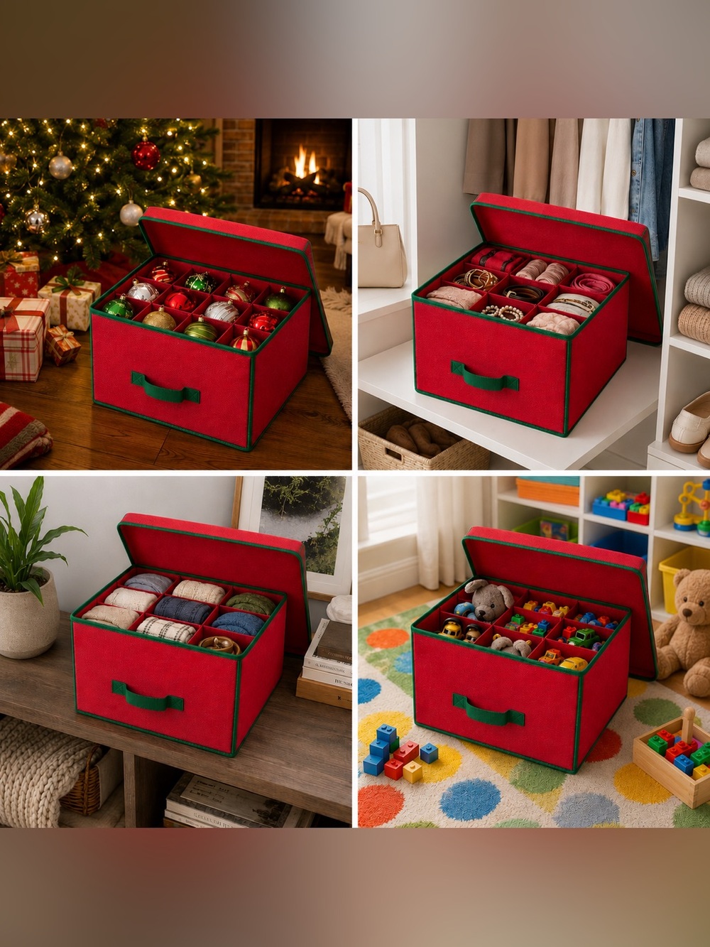 Set of 3 Foldable Fabric Storage Box Organizer w Lid Dividers